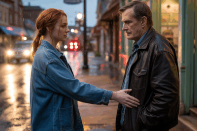 A rainy small-town street at night, headlights reflecting on wet pavement. A young woman offers a ride to an older man soaked from the storm. The scene feels warm, emotional, and cinematic, symbolizing kindness that changes lives.